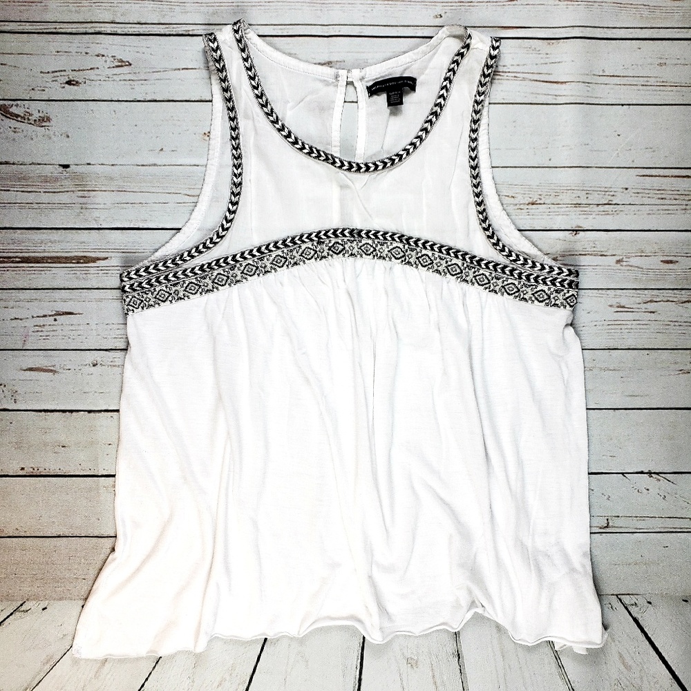 American Eagle White Embroidered Babydoll Tank S